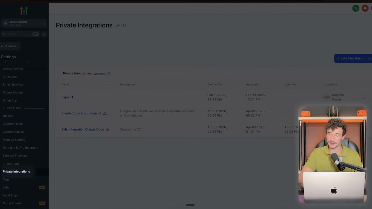 Panel de integraciones privadas de GoHighLevel antes de crear la conexión