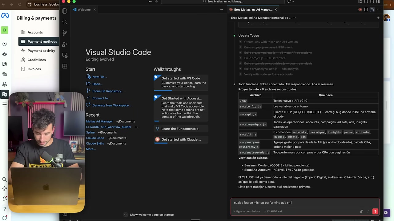 Proyecto Matías el Ad Manager abierto en VS Code con Claude Code y el listado de archivos del sistema