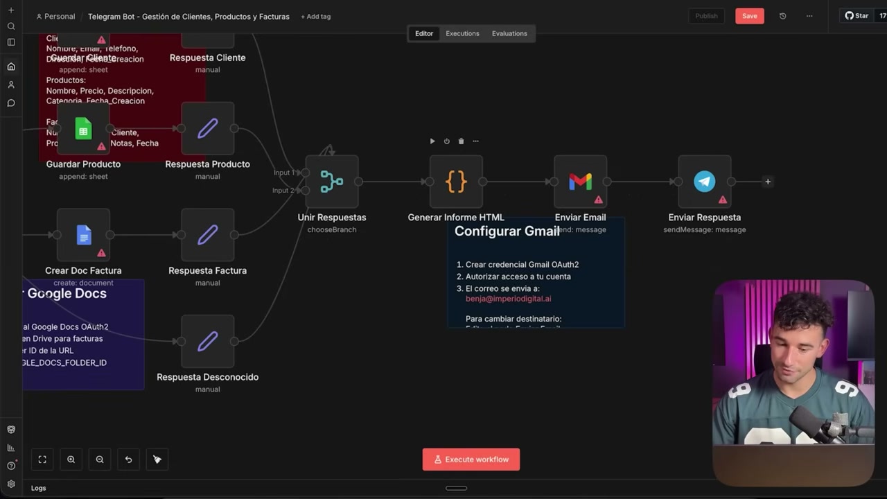 Workflow de n8n con respuesta unificada, informe HTML y notas para configurar Gmail