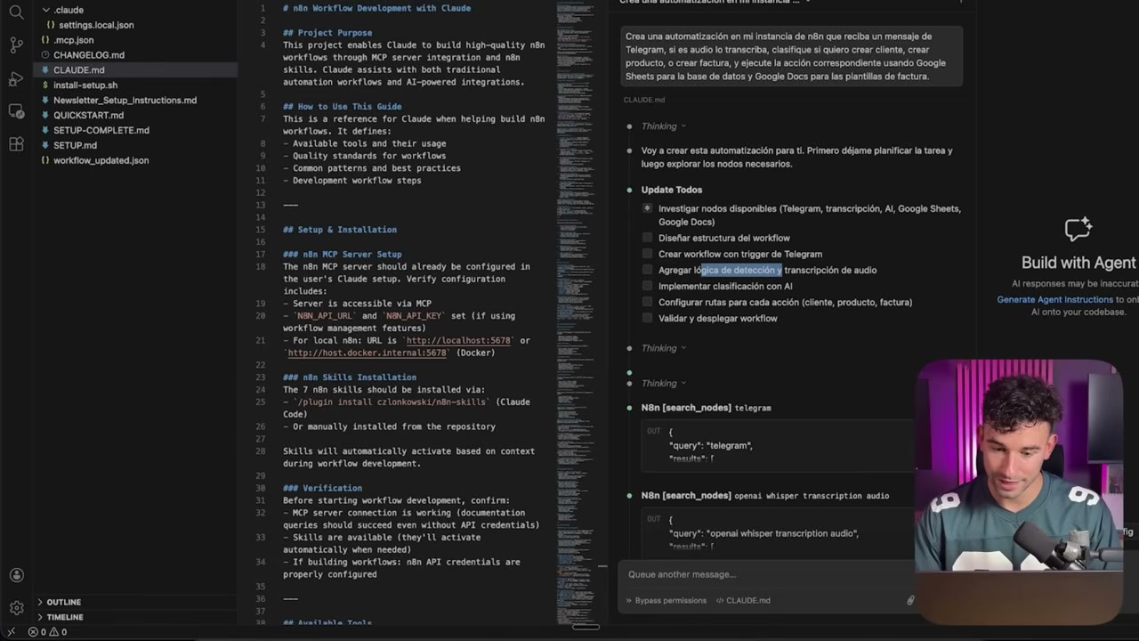 Claude Code muestra el plan para crear un workflow de Telegram y facturación en n8n