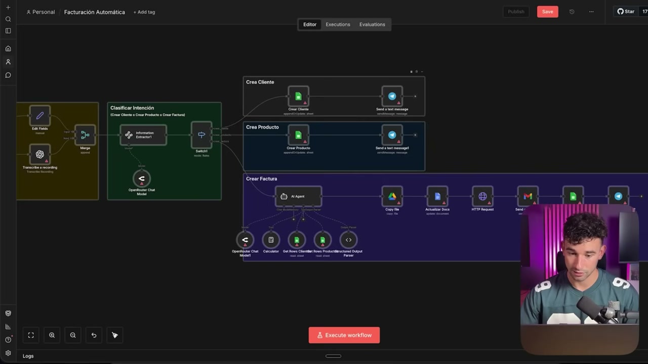 Workflow de n8n con ramas separadas para crear clientes, productos y facturas