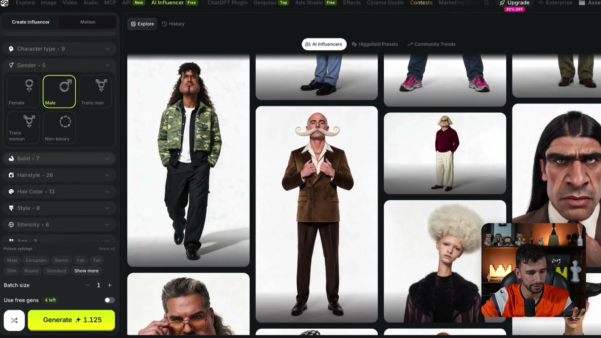 Opciones de creación y galería de personajes en AI Influencer