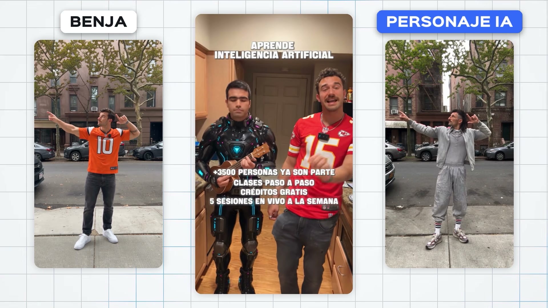 Comparación entre Benja y un personaje de IA, junto a un ejemplo de anuncio