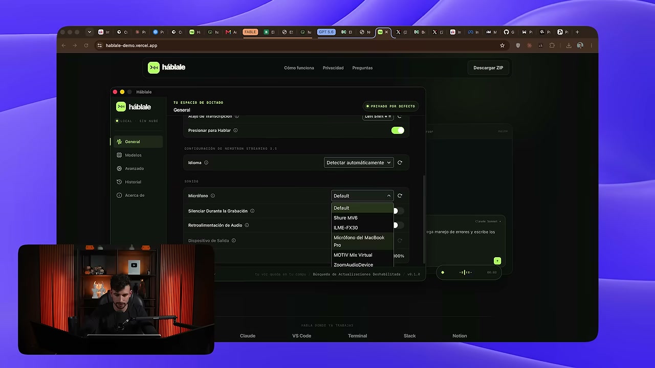 Aplicación Háblale durante la configuración del dictado