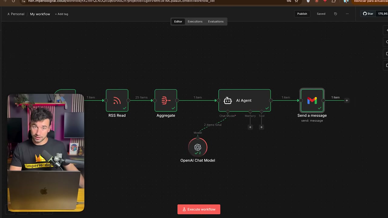 Workflow de n8n con RSS Read, Aggregate, AI Agent y envío por Gmail