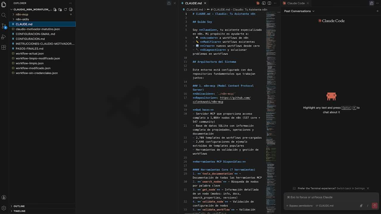 Proyecto en VS Code con CLAUDE.md y el panel de Claude Code