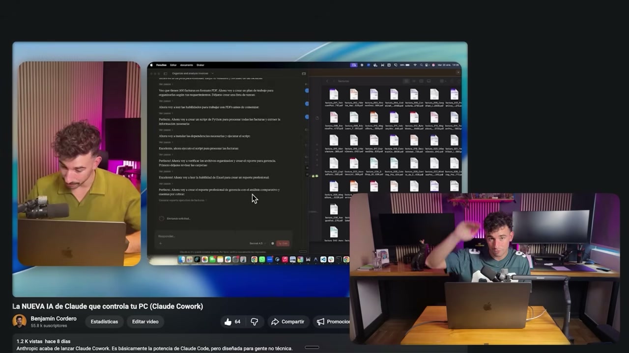 Fragmento de la demostración de Claude Cowork organizando archivos mostrado dentro del video sobre software a medida
