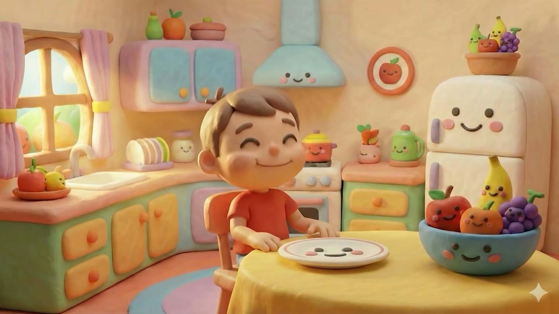 Escena final de la canción infantil con un personaje de plastilina, frutas y una cocina colorida